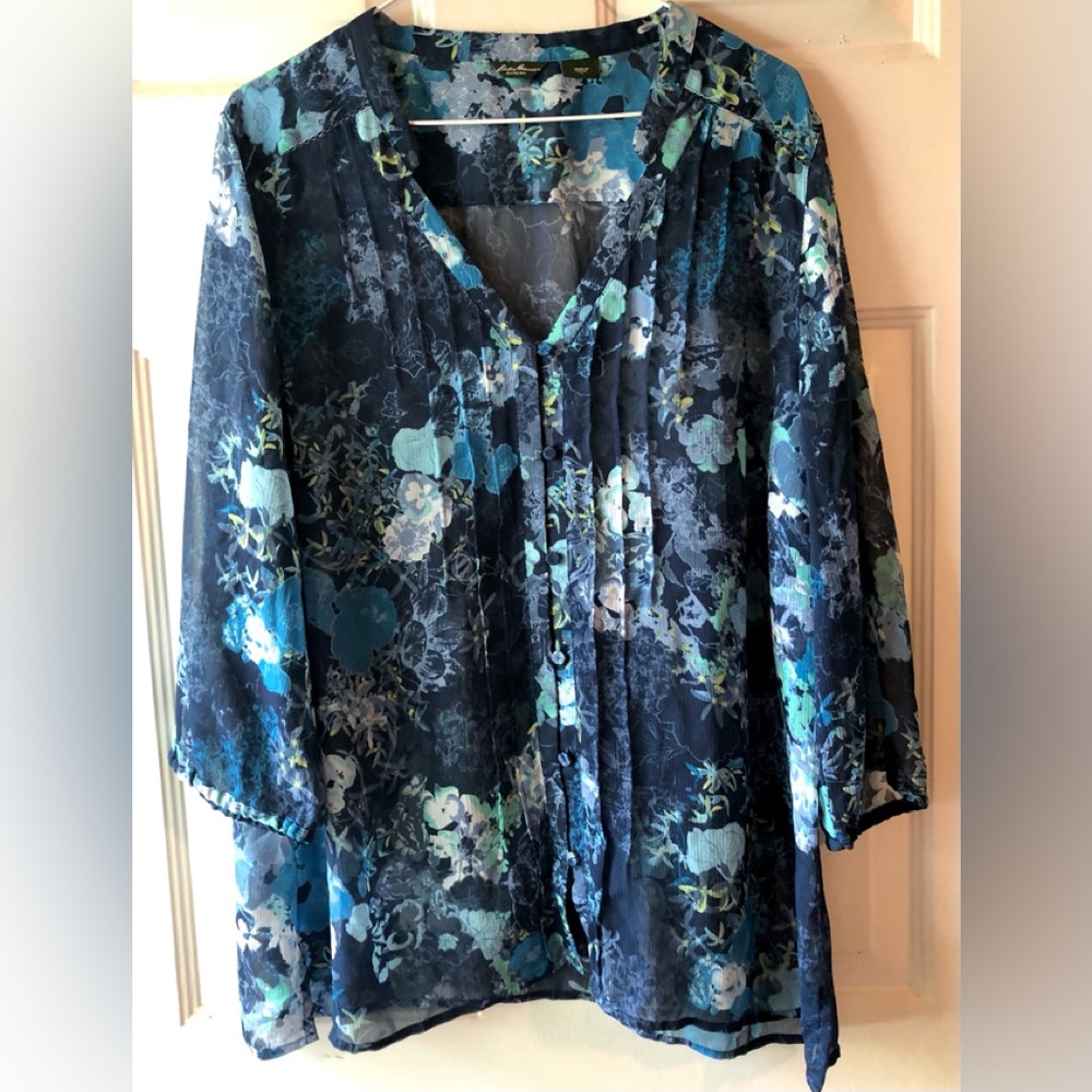 Eddie Bauer Mixed Blue Floral Print Pin Tucked Pleated Front Sheer Blouse Sz XL